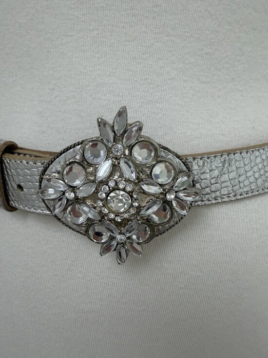 Vintage Cache Genuine Leather BeltMetallic Silver Rhinestone Buckle Sz S main image 5